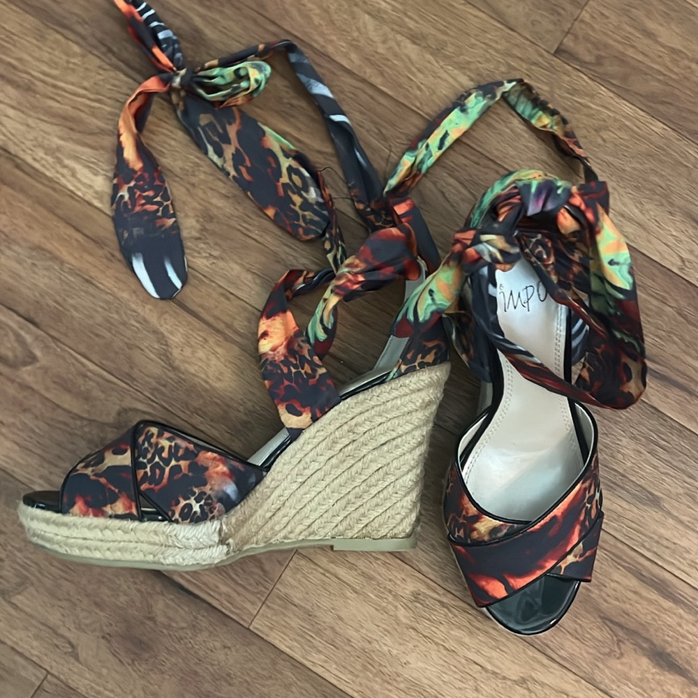 Impo Black and Green Wedge Sandals with Ankle Straps